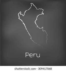A Country Shape isolated on chalk board with the name and shape of Peru