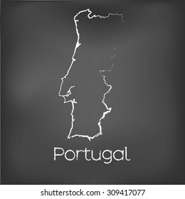 A Country Shape isolated on chalk board with the name and shape of Portugal