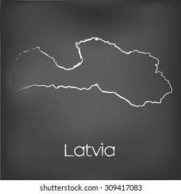 A Country Shape isolated on chalk board with the name and shape of Latvia