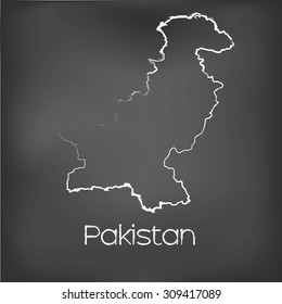 A Country Shape isolated on chalk board with the name and shape of Pakistan