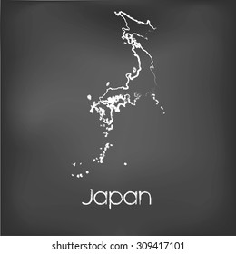 A Country Shape isolated on chalk board with the name and shape of Japan