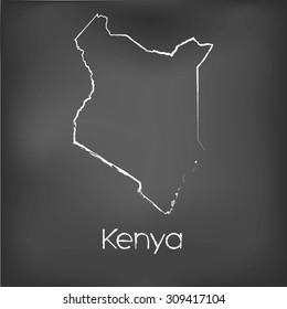A Country Shape isolated on chalk board with the name and shape of Kenya