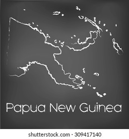 A Country Shape isolated on chalk board with the name and shape of Papua New Guinea