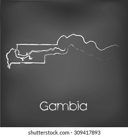 A Country Shape isolated on chalk board with the name and shape of Gambia