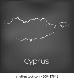 A Country Shape isolated on chalk board with the name and shape of Cyprus
