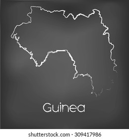 A Country Shape isolated on chalk board with the name and shape of Guinea