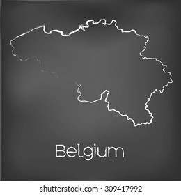 A Country Shape isolated on chalk board with the name and shape of Belgium