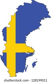 Country shape outlined and filled with the flag of Sweden