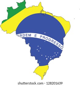 Country shape outlined and filled with the flag of Brazil