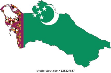 Forma do país delineada e preenchida com a bandeira do Turquemenistão