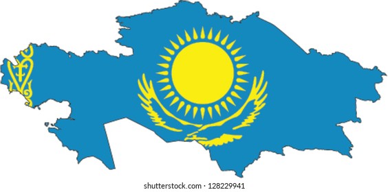 Country shape outlined and filled with the flag of Kazakhstan