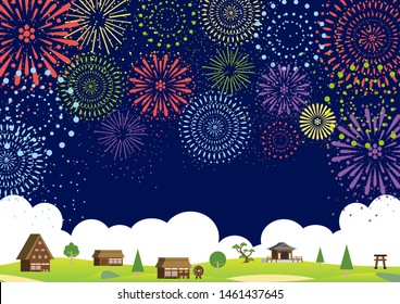 country side landscape and fireworks in the night sky