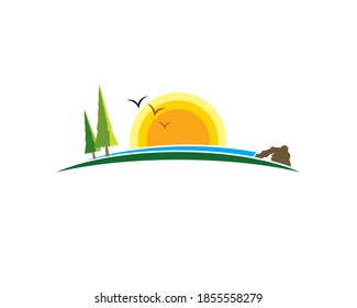 country side mountain landsacape view with meadow land ground pine trees birds flying around and yellow sun
