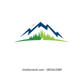 country side mountain landsacape view with meadow land ground pine trees river creek and birds flying
