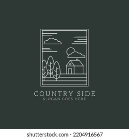 Country side outline logo design square. Vector line square with cabins for nature landscape.