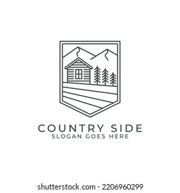 Country side outline logo design square. Vector line square with cabins for nature landscape.