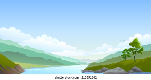 Country side river,hills and vast blue sky 