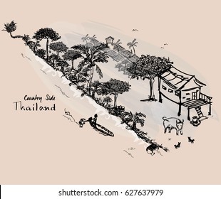 Country side Thailand, nature hand-drown background. illustration vector.