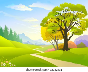 COUNTRY SIDE TREES , HILLS AND LONELY PATHWAY