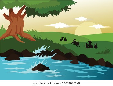 country side view with pet sky trees beautifull river and prairie for background illustration and image