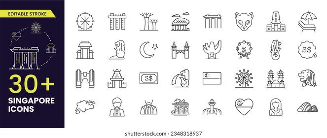 Country Singapore, Stroke icon collection. Set of architecture, fashion, people, item, nature background concept. Infographic traditional ethnic flat, outline, thin line icon
