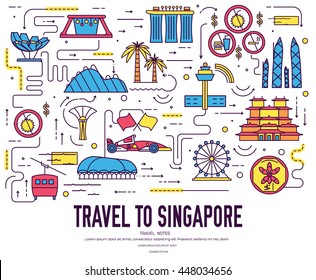 Country Singapore travel vacation guide of goods, place and feature. Set of architecture, fashion, people, item, nature background concept. Infographic traditional ethnic flat, outline, thin line icon