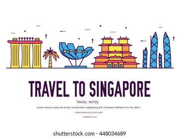 Country Singapore travel vacation guide of goods, place and feature. Set of architecture, fashion, people, item, nature background concept. Infographic traditional ethnic flat, outline, thin line icon