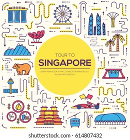 Country Singapore travel vacation guide of goods, place and feature. Infographic traditional ethnic flat, outline, thin line icon