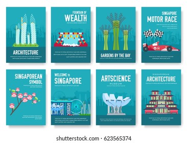 Country Singapore travel vacation guide of goods, places and features. Set of architecture, items, nature background concept. Infographic template design for web and mobile on flat style