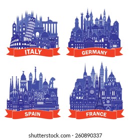 Country skyline detailed silhouette set (Italy, Germany, France, Spain). Vector illustration