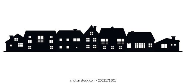 country skyline silhouette on white background. Black houses silhouettes. Buildings icon for mobile concept and web app. Residential house property exterior view. 