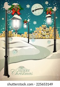 Country snowy at Christmas with Santa's sleigh-Vintage effects can be removed- Transparency blending effects and gradient mesh-EPS 10
