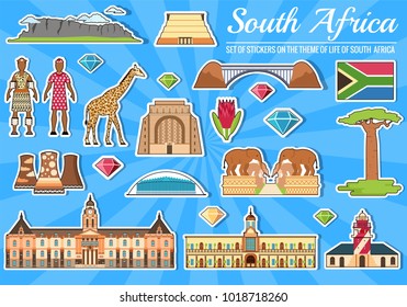 Country South Africa travel vacation guide of goods, places and features. Set of architecture, fashion, people, items, nature background concept. Infographic template sticker design 