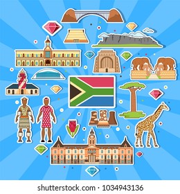 Country South Africa travel vacation guide of goods, places and features. Set of architecture, fashion, people, items, nature background concept. Infographic template design 