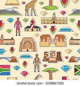 Country South Africa travel vacation places and features stickers. Set of architecture, fashion, people, items, nature background concept. Infographic template design on seamless .