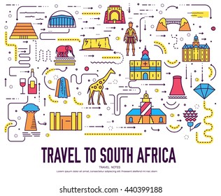 Country South Africa travel vacation of place and feature. Set of architecture, item, nature background concept. Infographic traditional ethnic flat, outline, thin line icon
