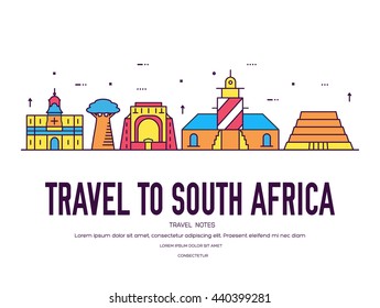 Country South Africa travel vacation of place and feature. Set of architecture, item, nature background concept. Infographic traditional ethnic flat, outline, thin line icon