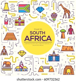 Country South Africa travel vacation of place and feature. Set of architecture, item, nature background concept. Infographic traditional ethnic flat, outline, thin line icon