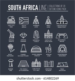 Country South Africa travel vacation of place and feature. Set of architecture, fashion, people, item, nature background concept. Infographic traditional ethnic flat, outline, thin line icon