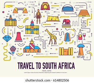 Country South Africa travel vacation of place and feature. Set of architecture, item, nature background concept. Infographic traditional ethnic flat, outline, thin line icon