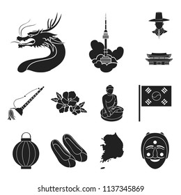 Country South Korea black icons in set collection for design.Travel and attraction vector symbol stock web illustration.