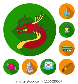Country South Korea flat icons in set collection for design.Travel and attraction vector symbol stock web illustration.