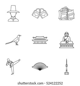 Country of South Korea icons set. Outline illustration of 9 country of South Korea vector icons for web