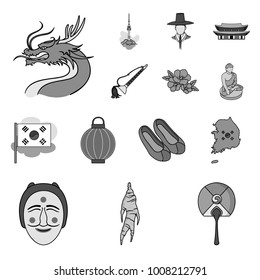 Country South Korea monochrome icons in set collection for design.Travel and attraction vector symbol stock web illustration.
