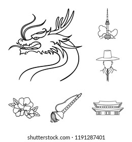 Country South Korea outline icons in set collection for design.Travel and attraction vector symbol stock web illustration.