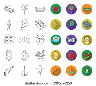 Country South Korea outline,flat icons in set collection  design.Travel and attraction vector symbol stock web illustration.