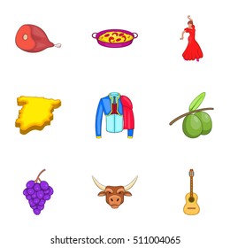 Country Spain icons set. Cartoon illustration of 9 country Spain vector icons for web