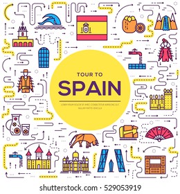 Country Spain thin line travel vacation guide of goods, places and features. Set of outline architecture, fashion, people, items, nature background concept. Infographic template design  on flat style