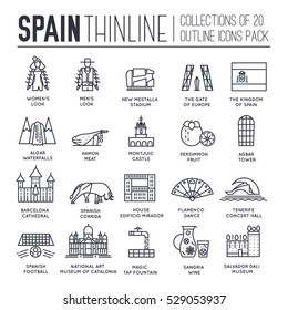 Country Spain thin line travel vacation guide of goods, places and features. Set of outline architecture, fashion, people, items, nature background concept. Infographic template design  on flat style