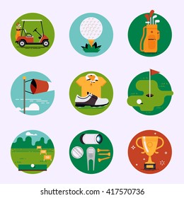 Country sport club recreation vector web icons set. Golf course resort items, accessories. Golf cart, ball, bag, weather condition, clothes, championship, driving range, tees, divot tool and more svg